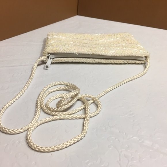 White Sequined/Beaded Corded Strap Crossbody Bag 7.5"x4.5" - Picture 2 of 5